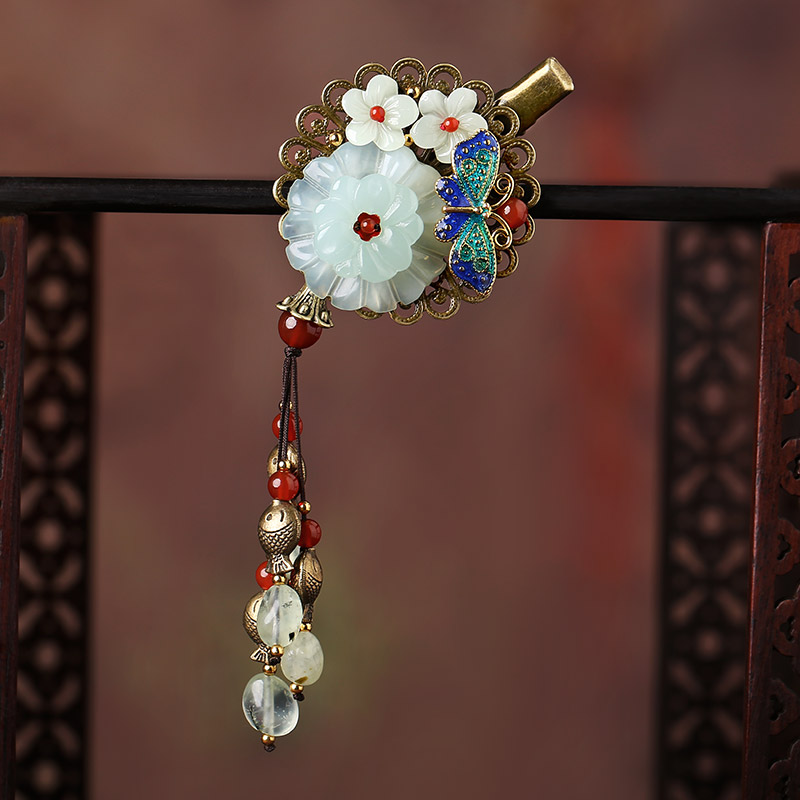 岫玉花朵發(fā)夾，復(fù)古流蘇發(fā)夾頭飾