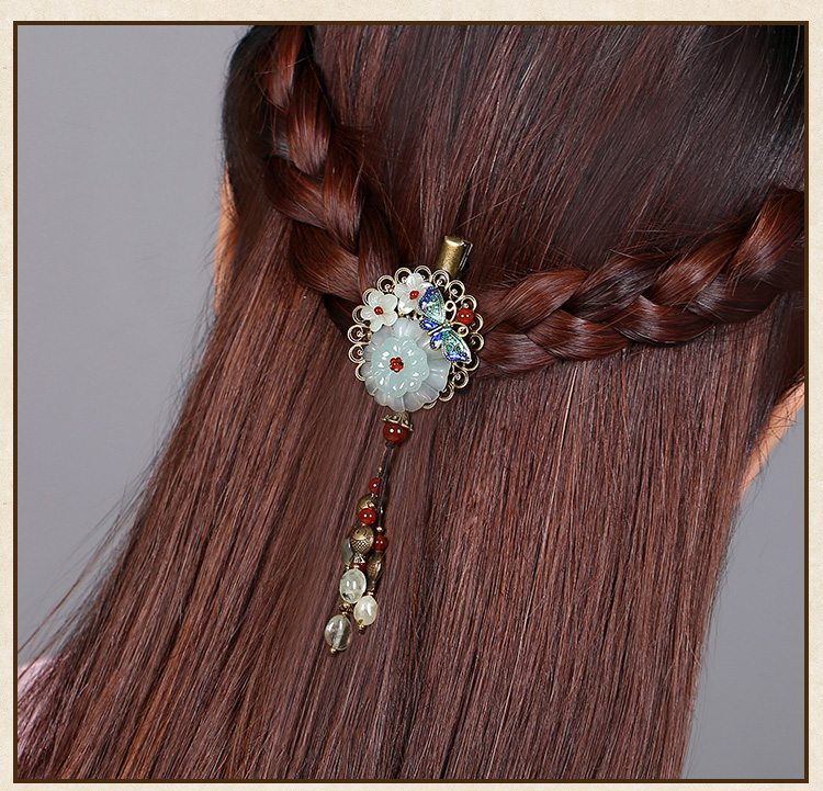 岫玉花朵發(fā)夾，復(fù)古流蘇發(fā)夾頭飾