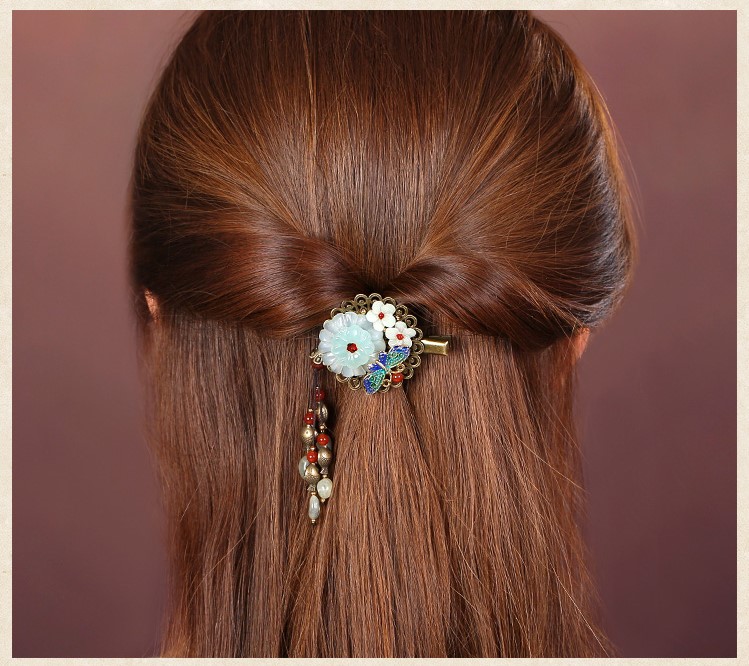岫玉花朵發(fā)夾，復(fù)古流蘇發(fā)夾頭飾