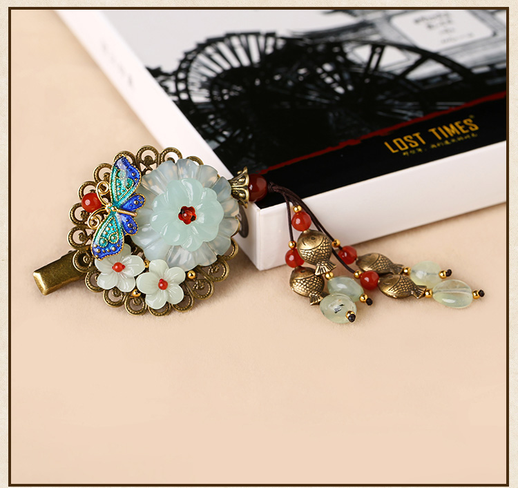 岫玉花朵發(fā)夾，復(fù)古流蘇發(fā)夾頭飾
