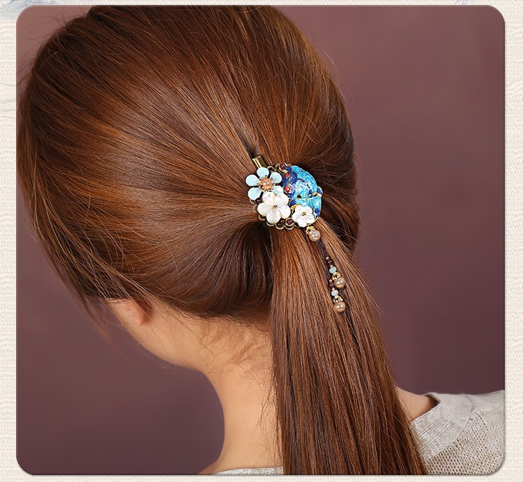 貝殼花朵流蘇小發(fā)夾，古風(fēng)藍(lán)魚兒發(fā)夾頭飾