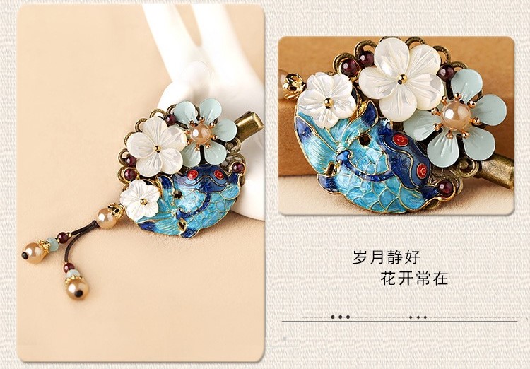 貝殼花朵流蘇小發(fā)夾，古風(fēng)藍(lán)魚兒發(fā)夾頭飾