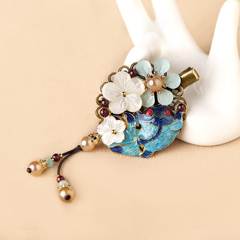 貝殼花朵流蘇小發(fā)夾，古風(fēng)藍(lán)魚兒發(fā)夾頭飾