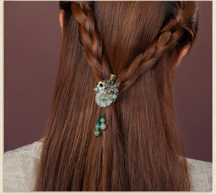 古銅花朵流蘇小發(fā)夾，岫玉花朵發(fā)夾頭飾