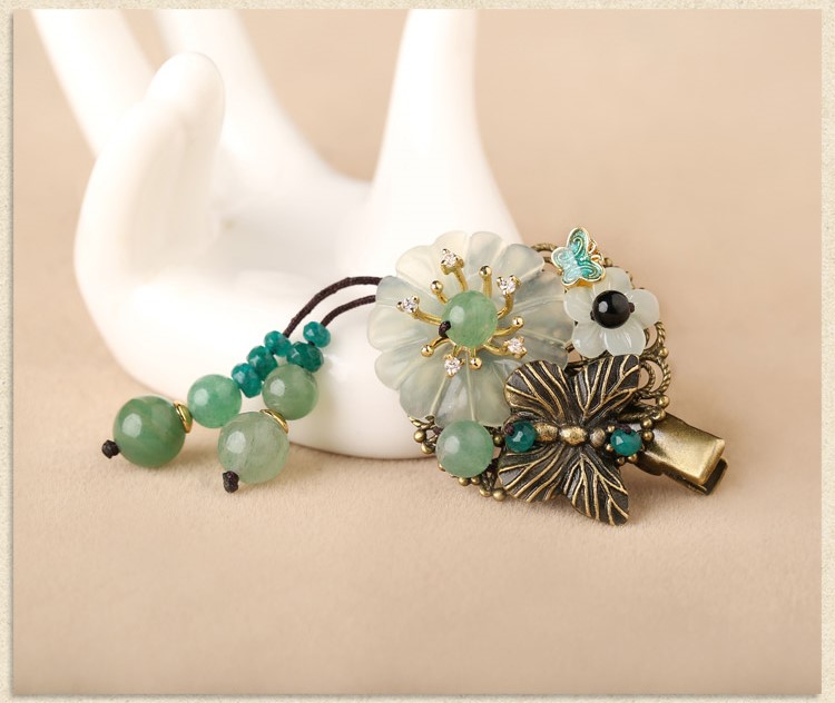 古銅花朵流蘇小發(fā)夾，岫玉花朵發(fā)夾頭飾