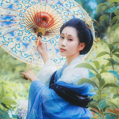 藍(lán)顏花艷帶傘女生頭像，唯美古風(fēng)真人頭像
