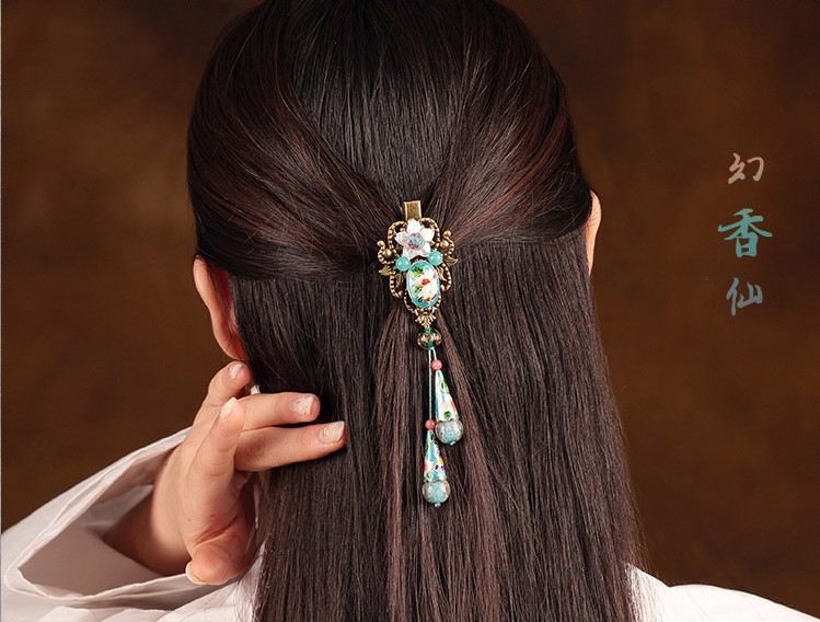 清悠靜雅幻香仙發(fā)夾，古典景泰藍(lán)發(fā)飾頭飾