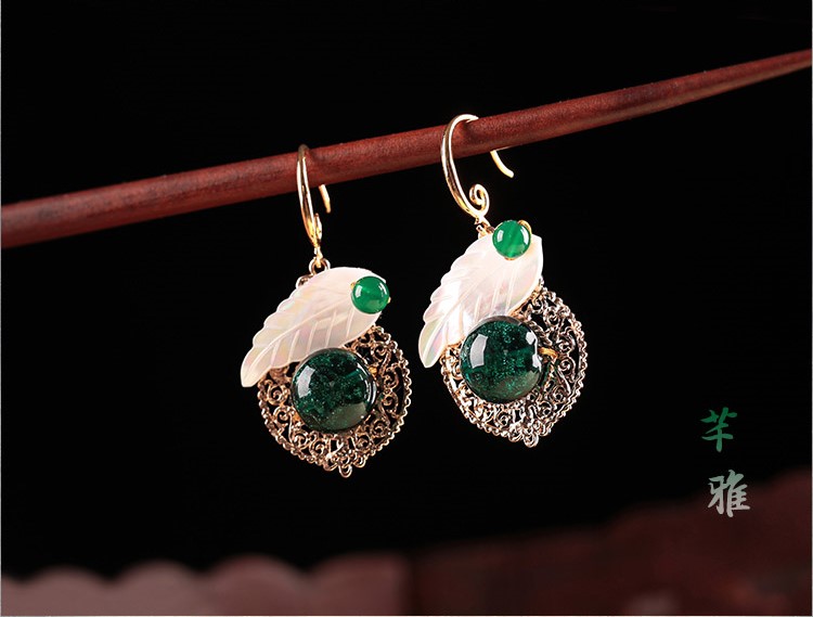 貝殼樹葉琉璃耳墜首飾，古風(fēng)氣質(zhì)清新耳環(huán)