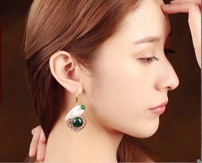 貝殼樹葉琉璃耳墜首飾，古風(fēng)氣質(zhì)清新耳環(huán)