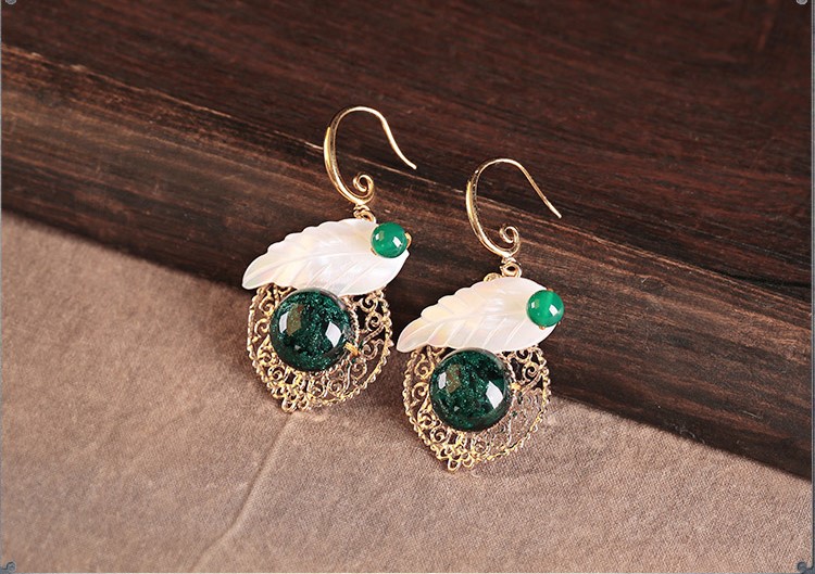 貝殼樹葉琉璃耳墜首飾，古風(fēng)氣質(zhì)清新耳環(huán)