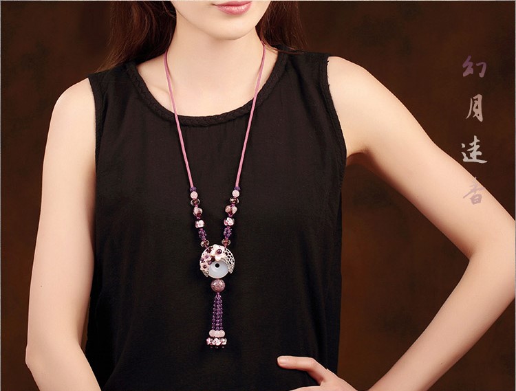 紫水晶琉璃毛衣鏈，復古民族風項鏈首飾