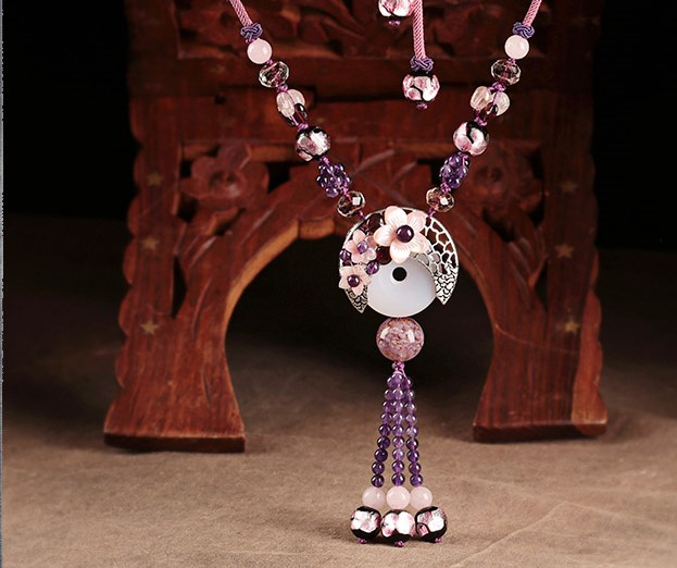 紫水晶琉璃毛衣鏈，復古民族風項鏈首飾