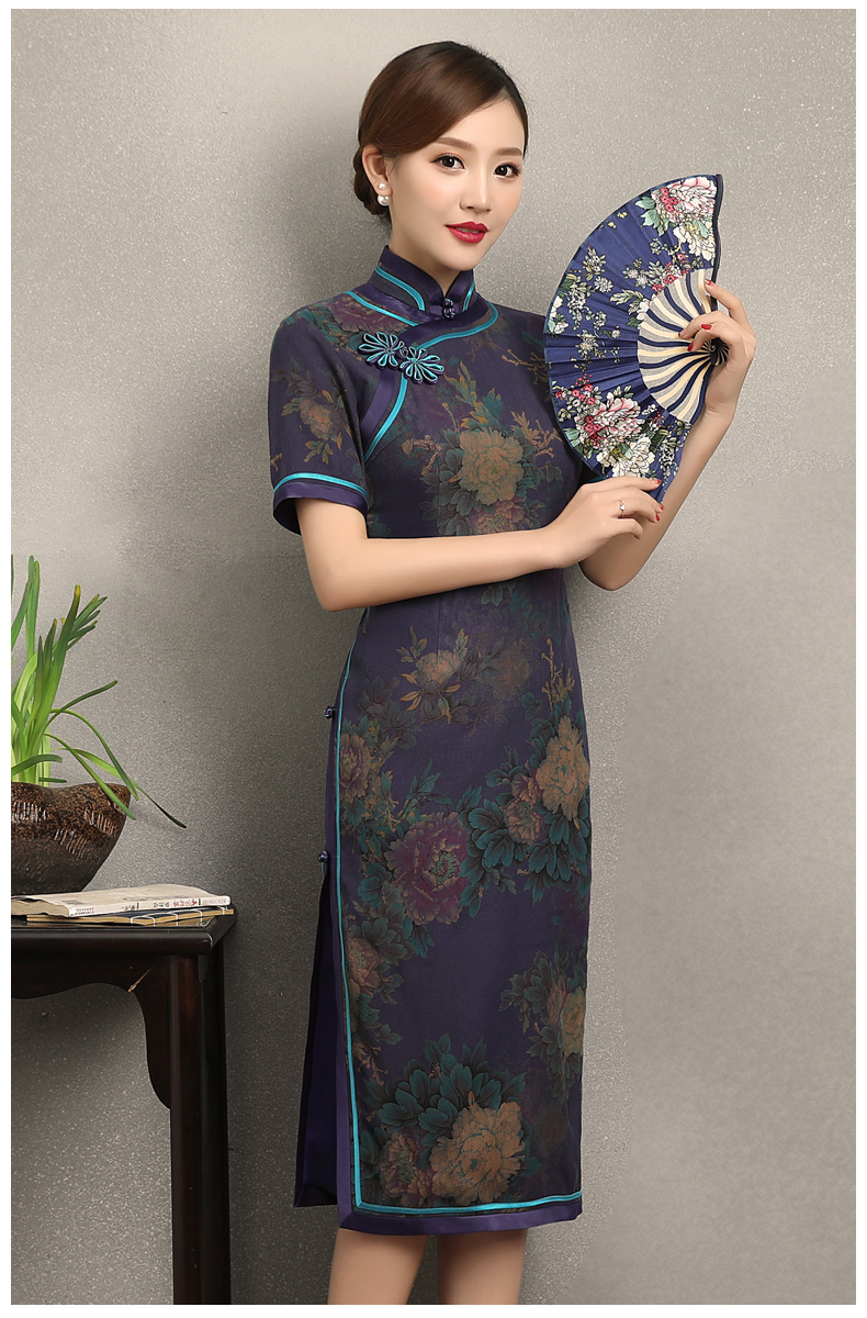 紫韻真絲香云紗旗袍，復(fù)古改良短袖旗袍裙
