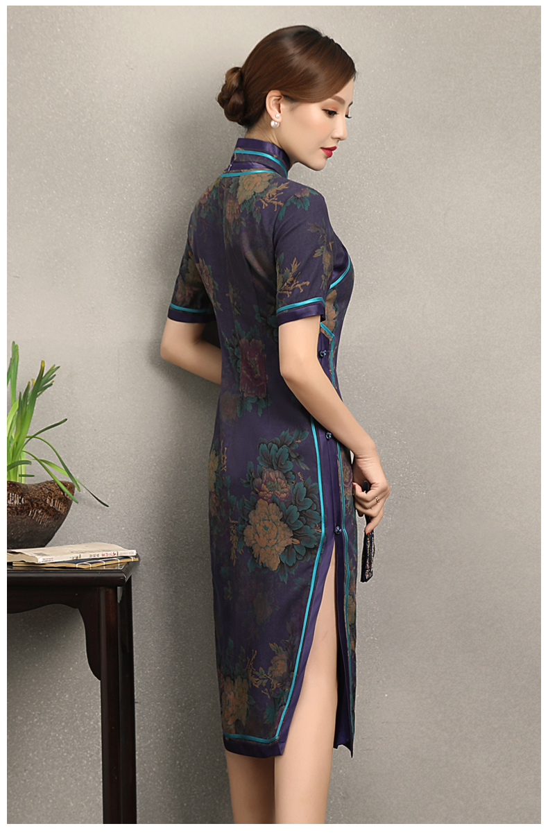 紫韻真絲香云紗旗袍，復(fù)古改良短袖旗袍裙
