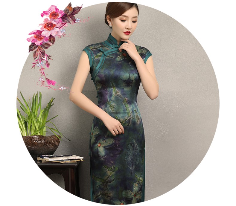 墨綠碧枝印花旗袍，復(fù)古改良短袖長款旗袍裙