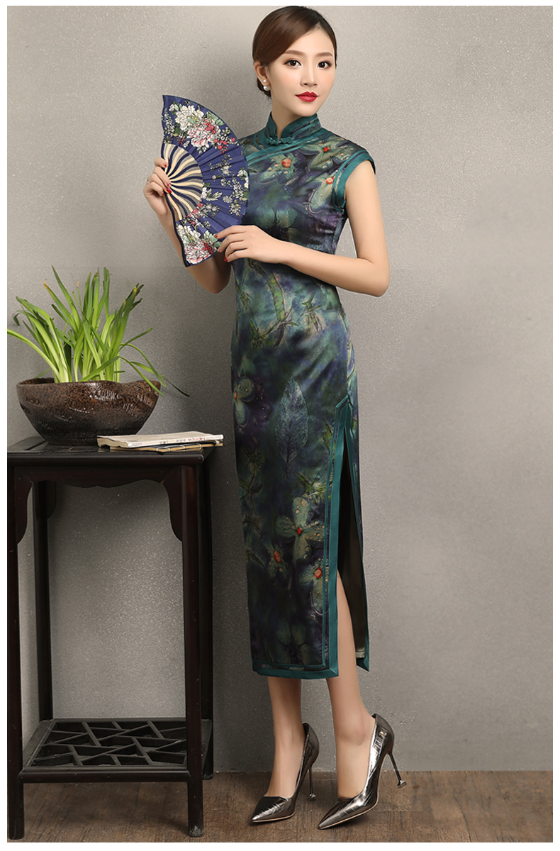 墨綠碧枝印花旗袍，復(fù)古改良短袖長款旗袍裙