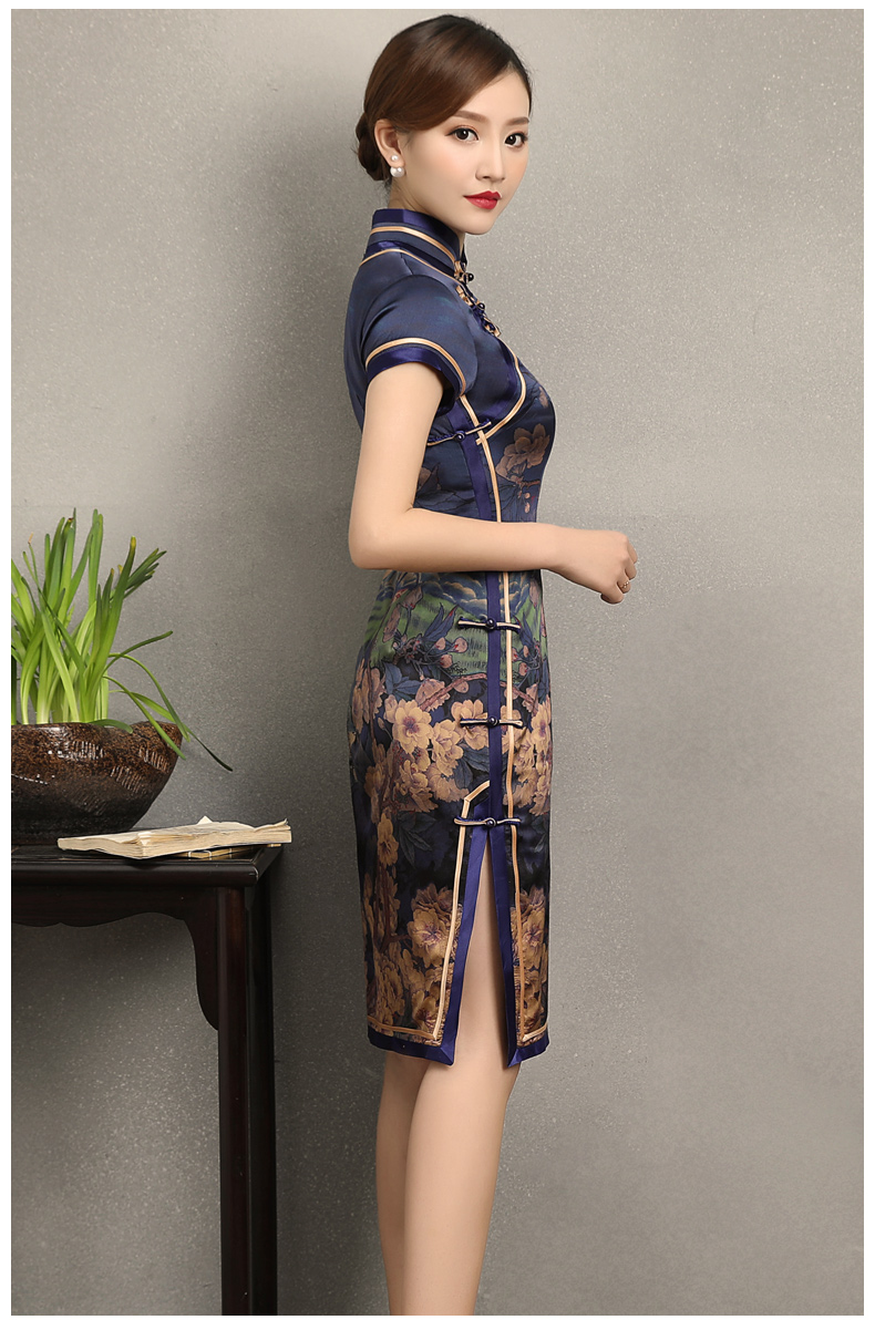 嫻云真絲旗袍，氣質(zhì)印花雅致旗袍裙