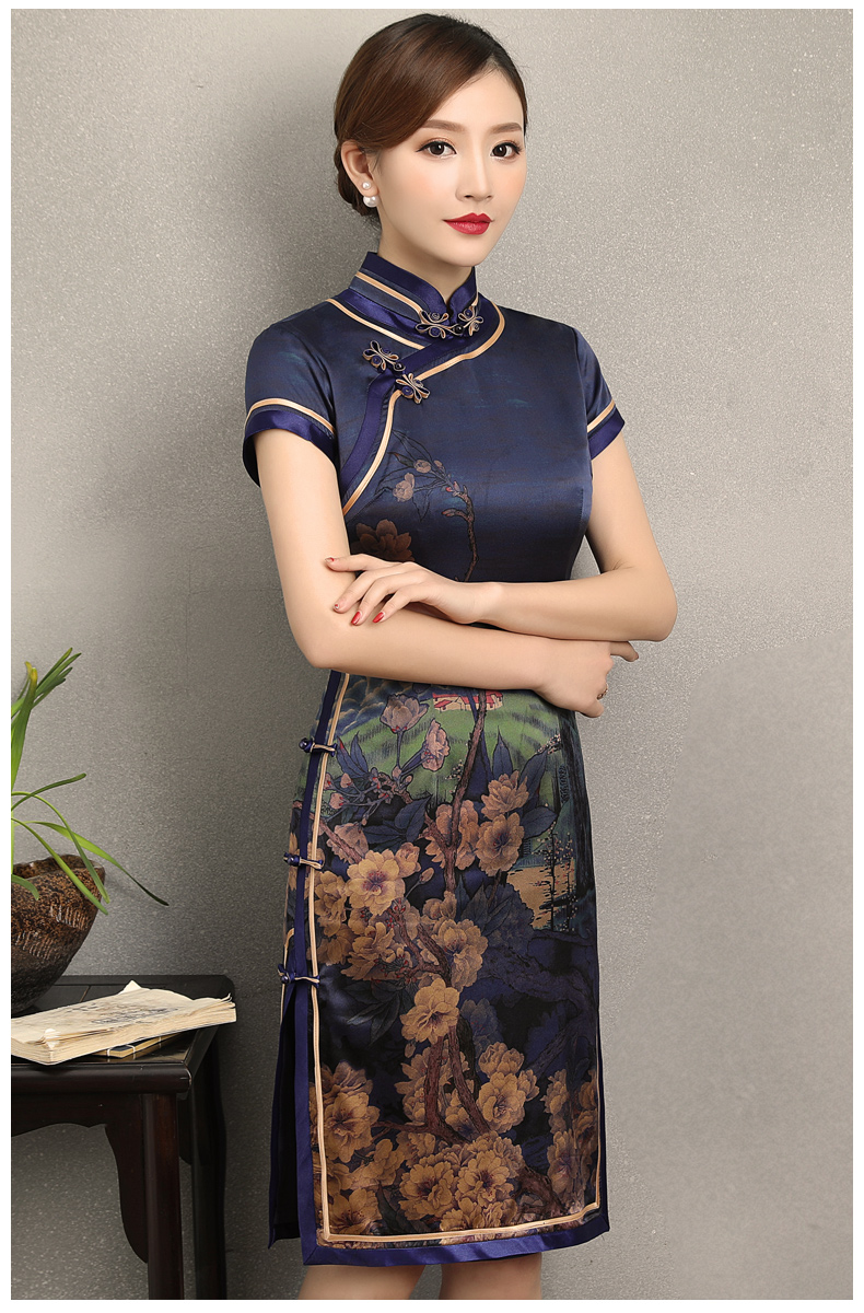 嫻云真絲旗袍，氣質(zhì)印花雅致旗袍裙