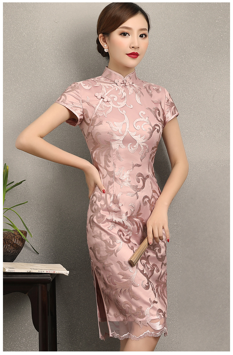 粉蕓蕾絲繡花旗袍，清新淡雅時尚旗袍裙