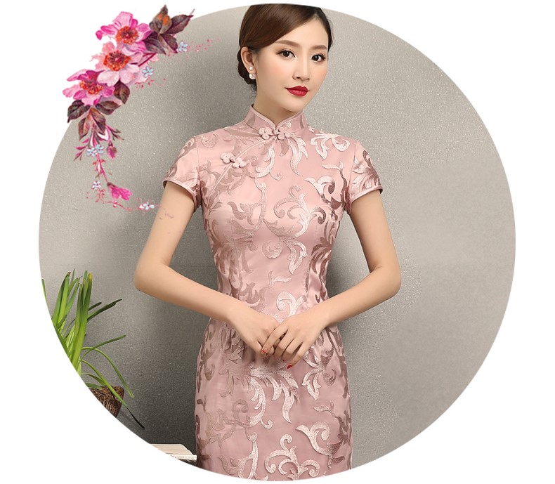 粉蕓蕾絲繡花旗袍，清新淡雅時尚旗袍裙