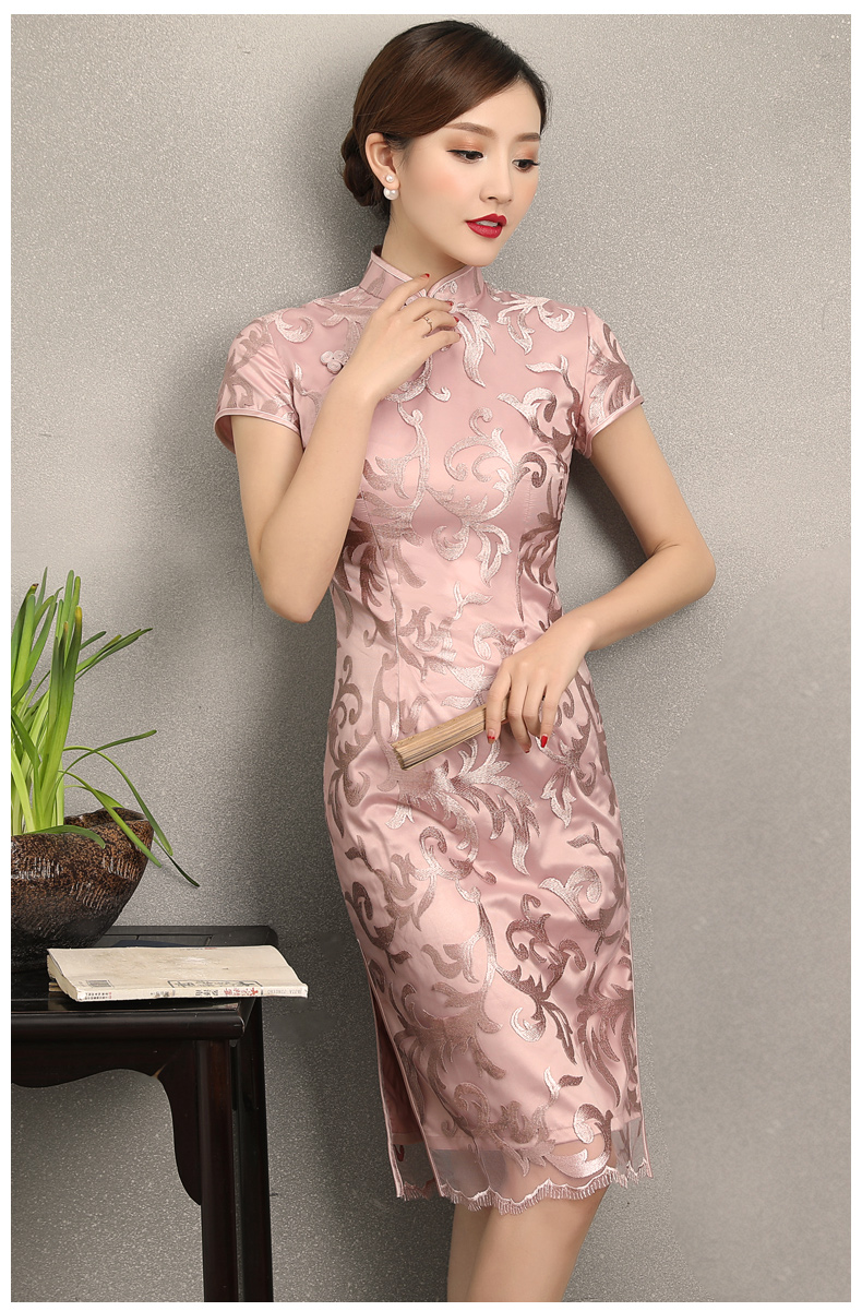 粉蕓蕾絲繡花旗袍，清新淡雅時尚旗袍裙