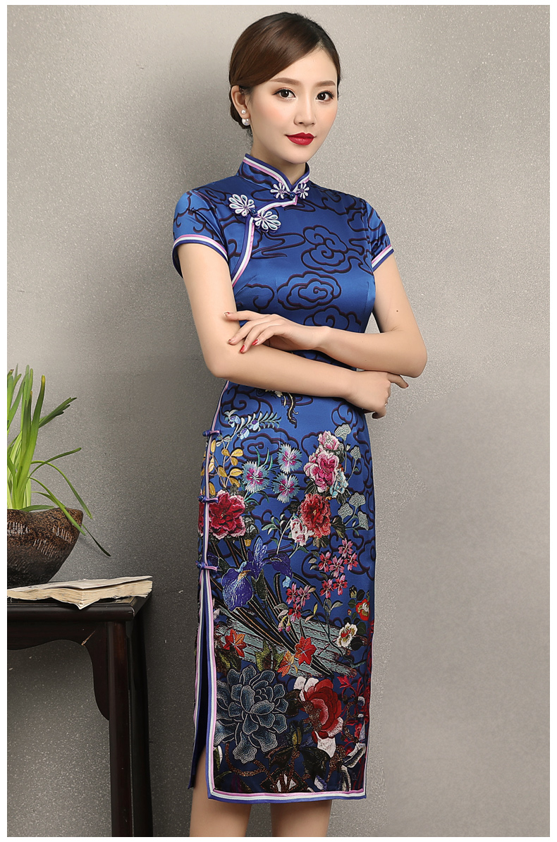 藍(lán)云真絲旗袍，古典祥云旗袍裙