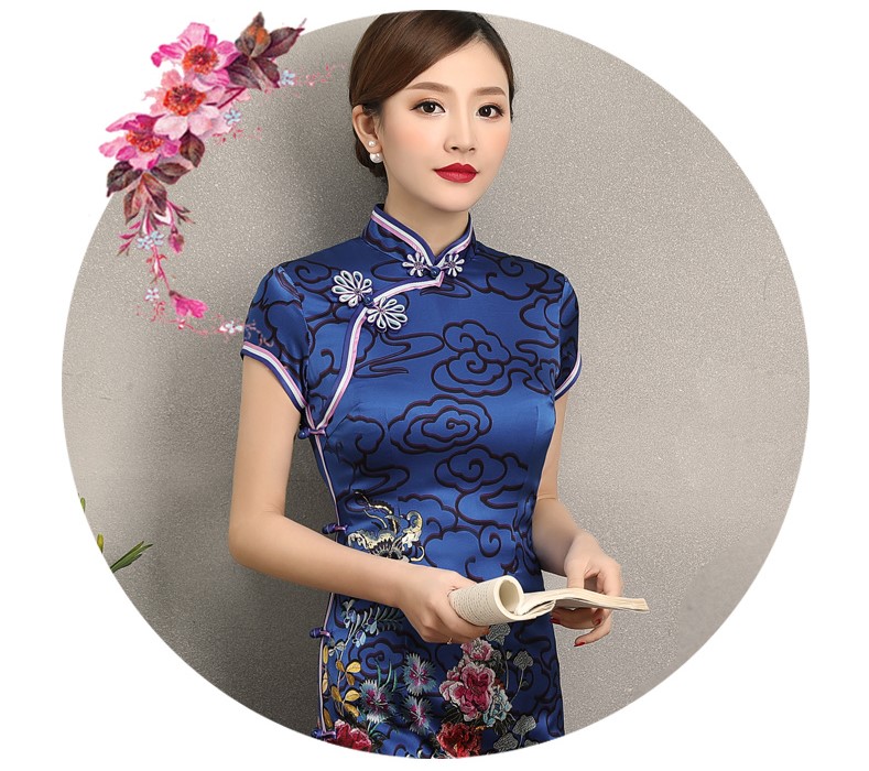 藍(lán)云真絲旗袍，古典祥云旗袍裙