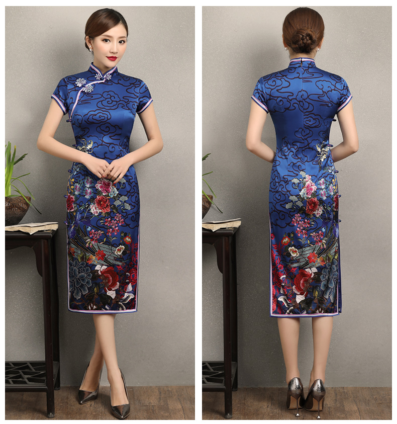 藍(lán)云真絲旗袍，古典祥云旗袍裙