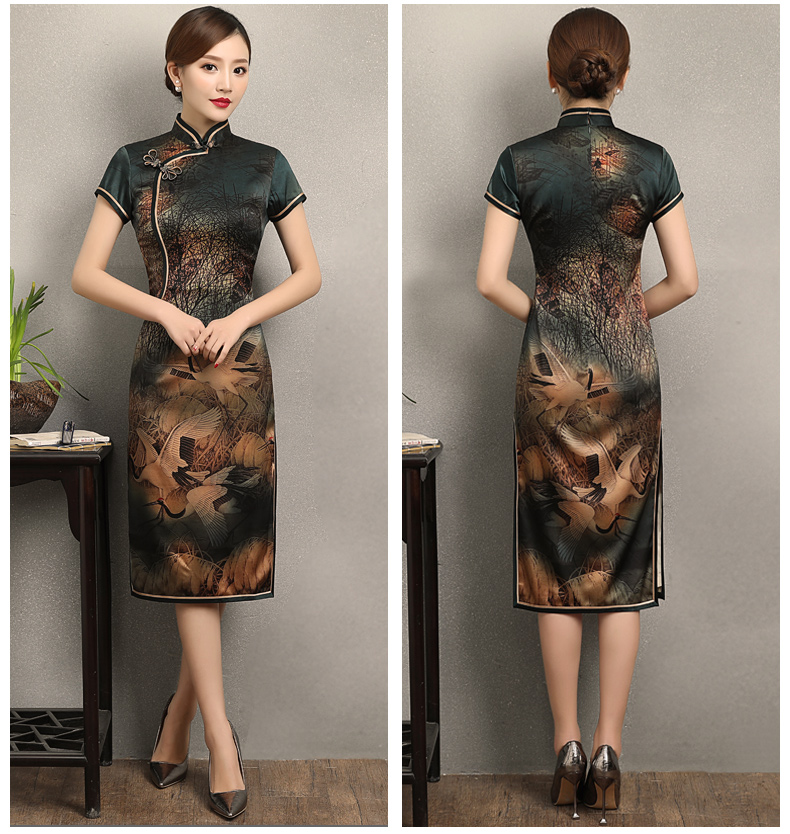 家佳樂文學仙鶴飛舞旗袍，優(yōu)雅古典修身旗袍裙