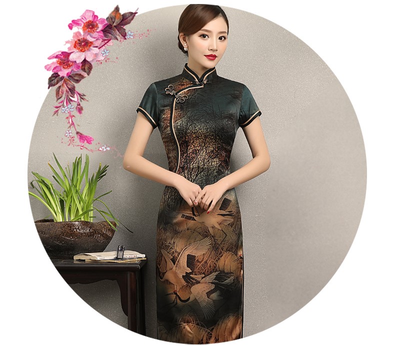 家佳樂文學仙鶴飛舞旗袍，優(yōu)雅古典修身旗袍裙