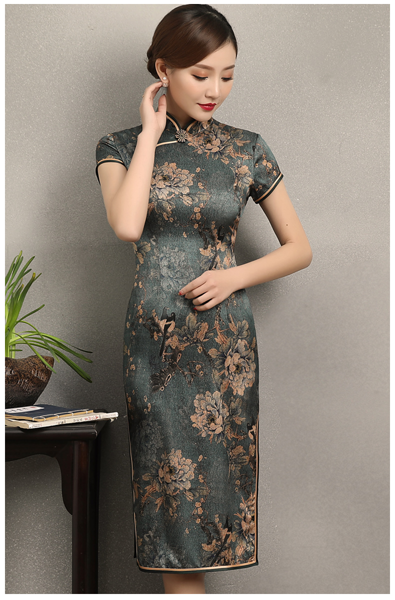 家佳樂(lè)文學(xué)花牡丹旗袍，復(fù)古典雅修身旗袍裙