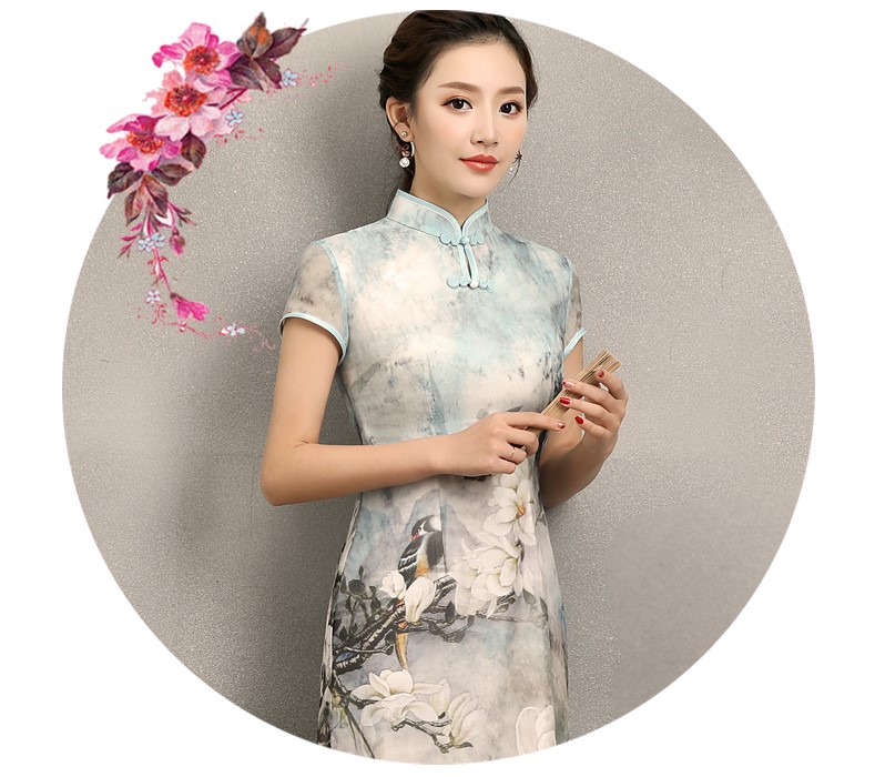 清雅華貴白玉蘭旗袍，復(fù)古真絲旗袍裙