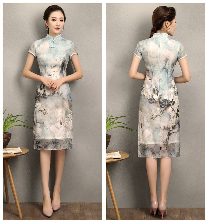 清雅華貴白玉蘭旗袍，復(fù)古真絲旗袍裙