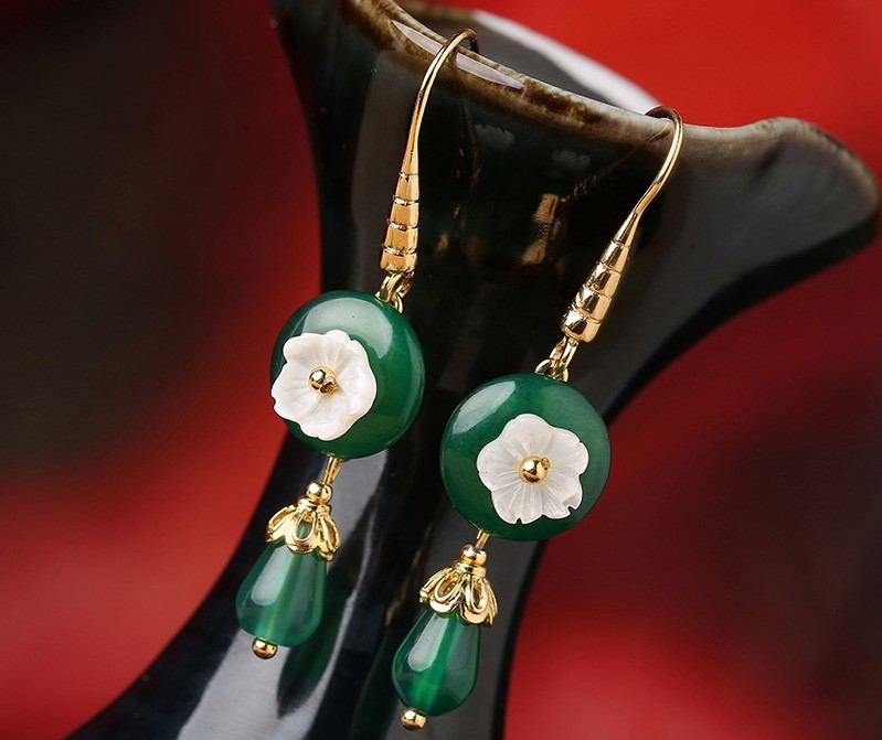 復古小花朵綠瑪瑙耳環(huán)，古風文藝復古首飾