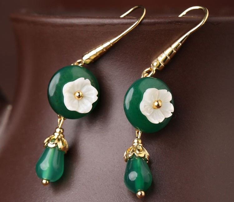 復古小花朵綠瑪瑙耳環(huán)，古風文藝復古首飾