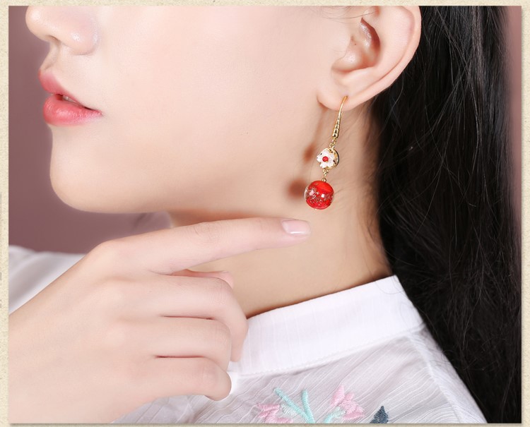 復(fù)古琉璃吊墜耳環(huán)，古風(fēng)花朵紅色首飾