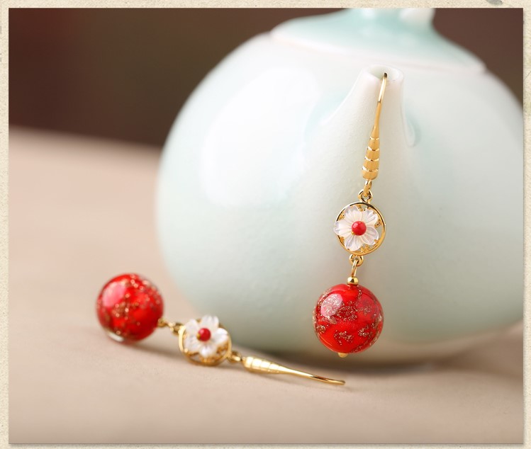 復(fù)古琉璃吊墜耳環(huán)，古風(fēng)花朵紅色首飾