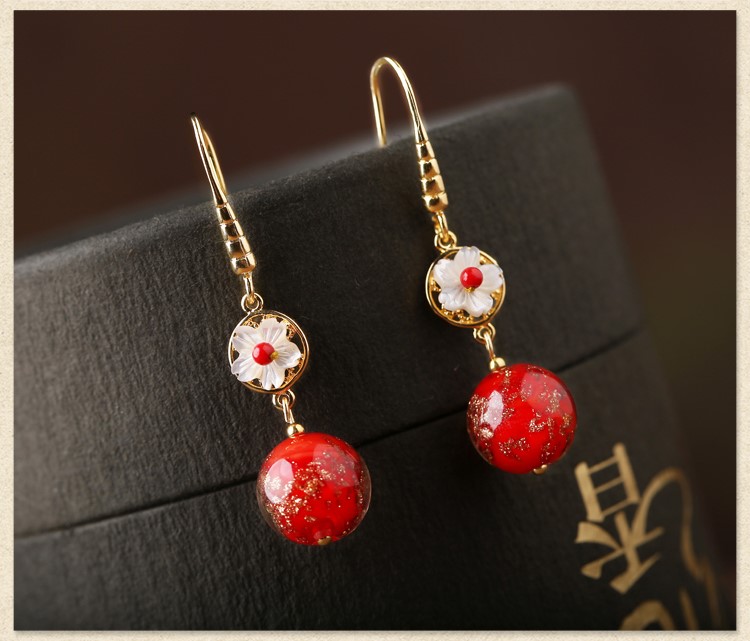 復(fù)古琉璃吊墜耳環(huán)，古風(fēng)花朵紅色首飾