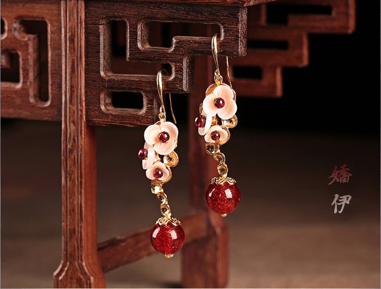 貝殼花朵琉璃吊墜耳環(huán)，古風(fēng)氣質(zhì)嬌雅清新首飾