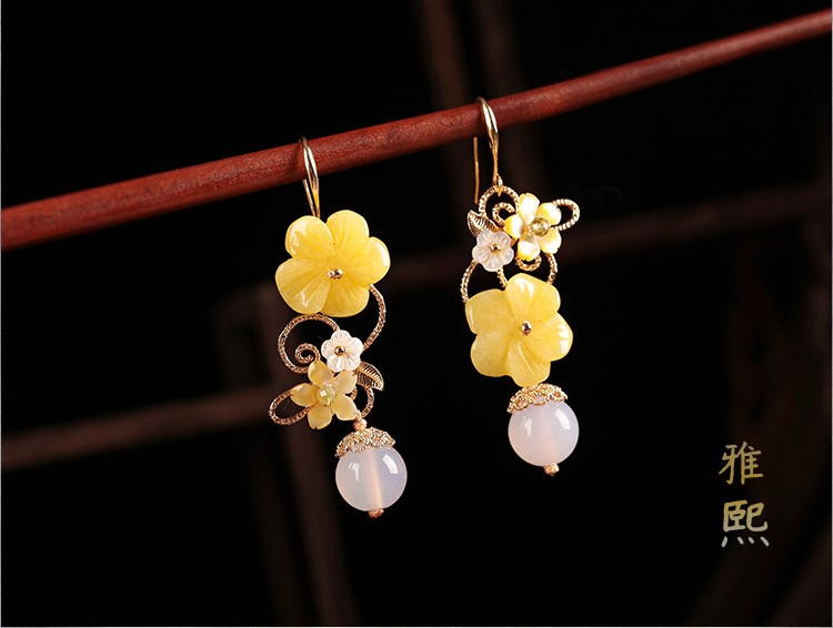 新穎黃花朵耳墜耳環(huán)，古風(fēng)清新氣質(zhì)首飾