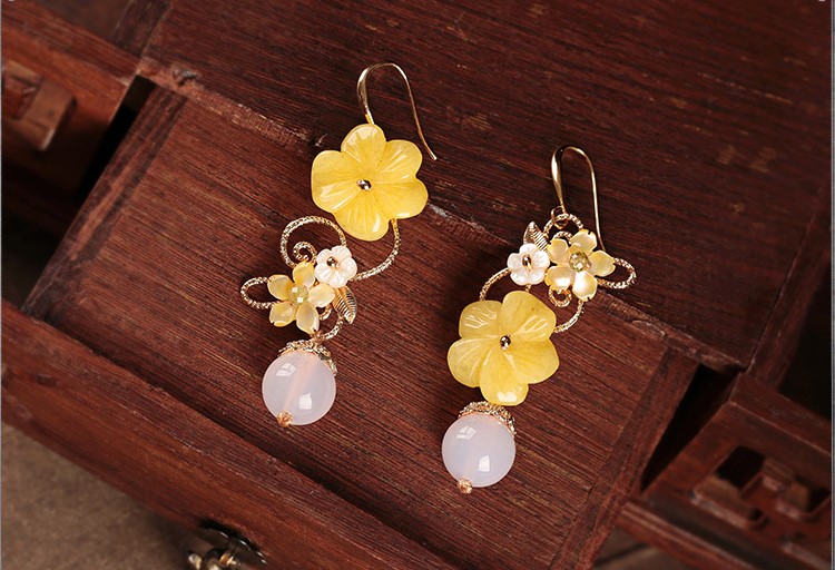 新穎黃花朵耳墜耳環(huán)，古風(fēng)清新氣質(zhì)首飾