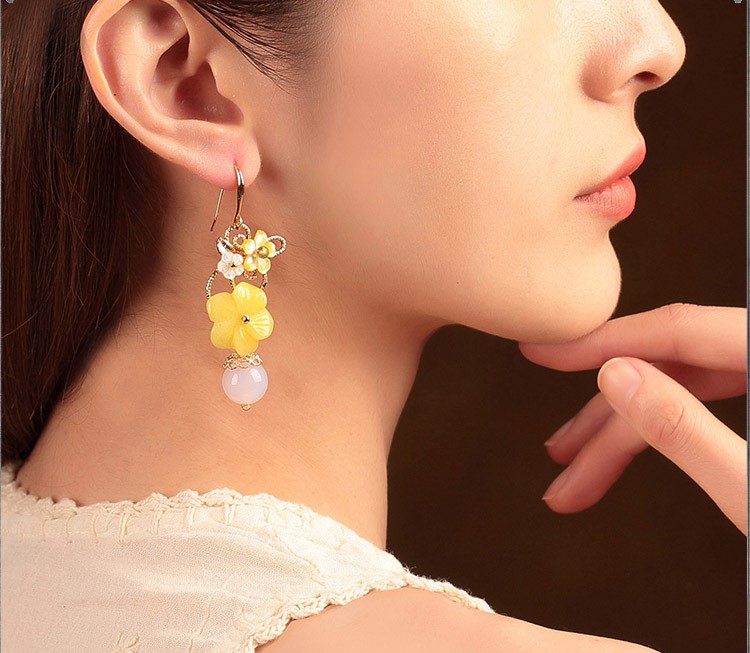 新穎黃花朵耳墜耳環(huán)，古風(fēng)清新氣質(zhì)首飾
