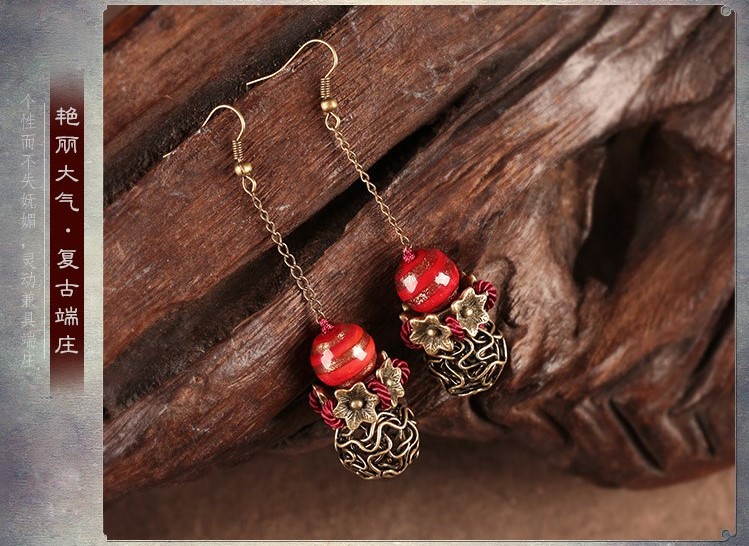 艷塵復(fù)古家佳樂文學(xué)氣質(zhì)耳環(huán)，古風(fēng)紅色琉璃首飾
