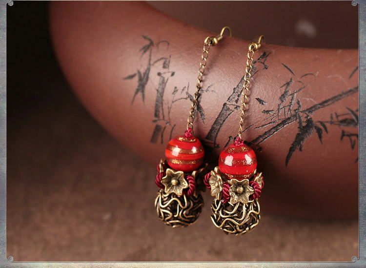 艷塵復(fù)古家佳樂文學(xué)氣質(zhì)耳環(huán)，古風(fēng)紅色琉璃首飾