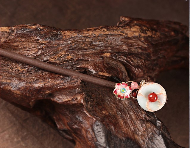 醉花月平安扣木簪子，粉色花朵發(fā)簪頭飾