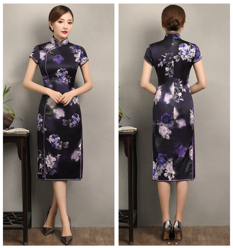 優(yōu)雅鏡花旗袍，清新藍色花旗袍裙