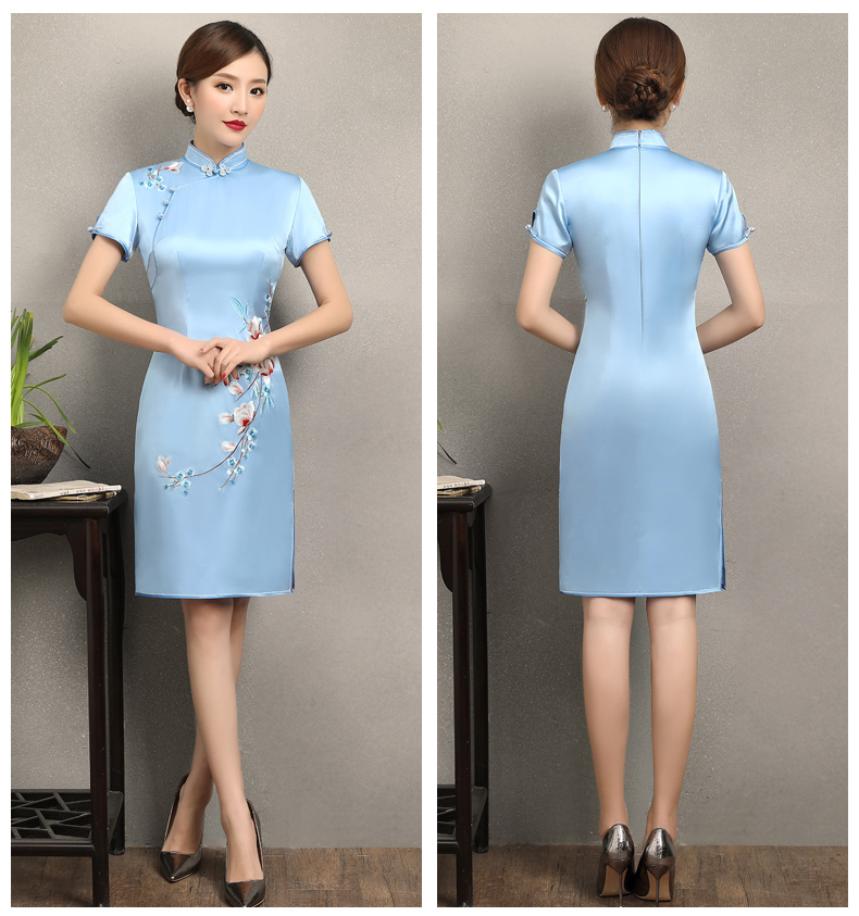 淡藍(lán)清新繡花旗袍，散香時尚旗袍裙