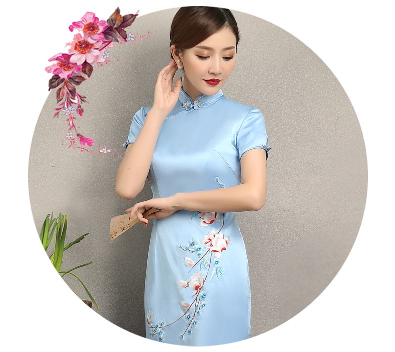 淡藍(lán)清新繡花旗袍，散香時尚旗袍裙