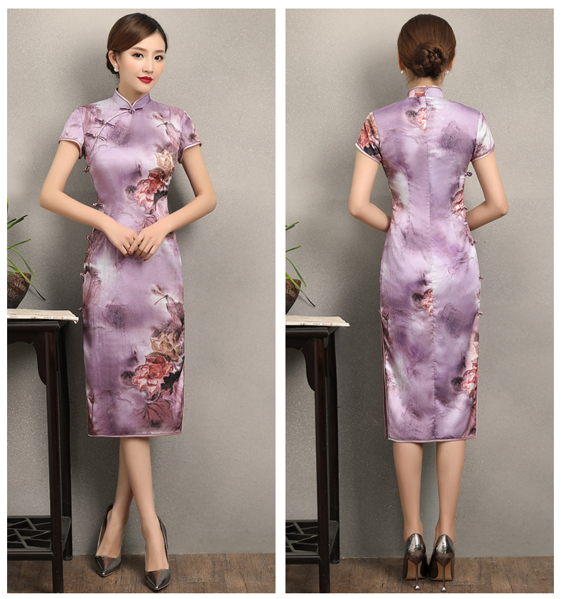 淡紫清新印花旗袍，高貴典雅旗袍裙
