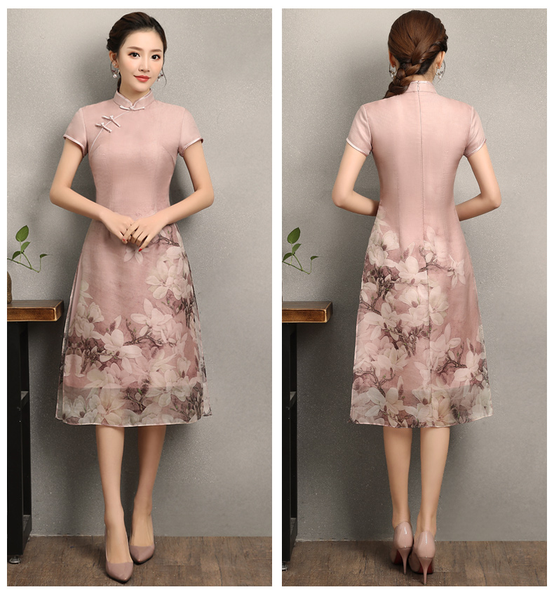 粉色玉蘭花旗袍，清新亮麗旗袍裙